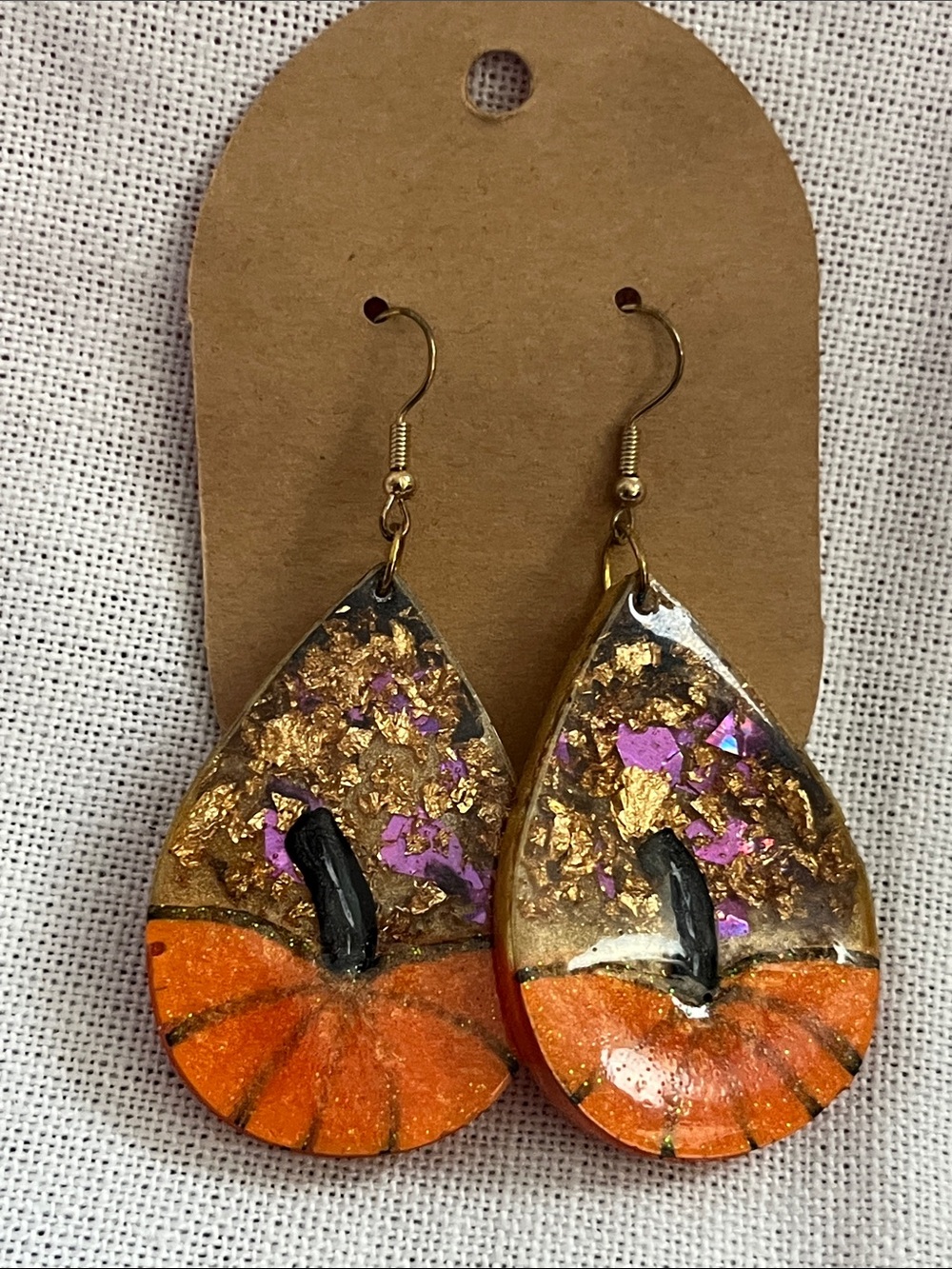 Handmade Orange Pumpkin Teardrop Earrings with Gold Flake Accents